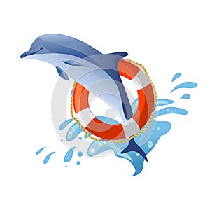 Dolphin jumping. Lifebuoy