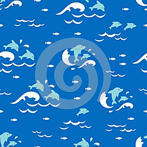 Dolphin Jumping Ocean in Blue Color Palette Vector Graphic Cartoon Seamless Pattern