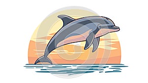 Dolphin jumping out ocean against sunset, marine life scene, playful aquatic mammal leaping photo