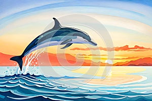 dolphin jumping out of sea over a beautiful sunset. ai generated