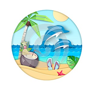 Dolphin jumping out of the water on beach background. Cut out paper art style design