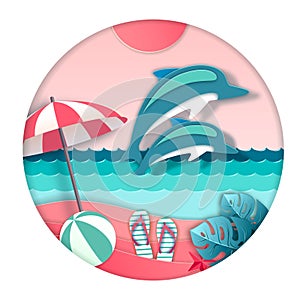Dolphin jumping out of the water on beach background. Cut out paper art style design