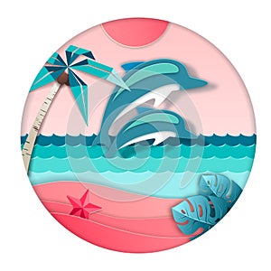 Dolphin jumping out of the water on beach background. Cut out paper art style design