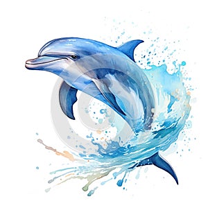 Dolphin jumping out of water. Hand drawn watercolor illustration isolated on white background Generative AI Generative AI
