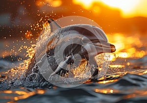 Dolphin jumping out of the water at sunset.