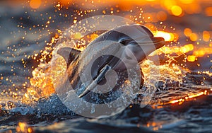 Dolphin jumping out of the water at sunset