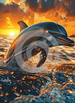 Dolphin jumping in the sea at sunset. A dolphin jumping out of the water at sunset