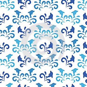 Dolphin Jumping in the Wave Vector Graphic Art Seamless Pattern