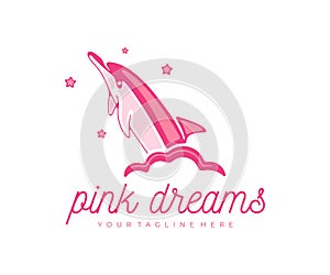 Dolphin jumps out of the cloud, sky and stars, logo design. Dreams, fantasy, marine life, animals and fish, vector design