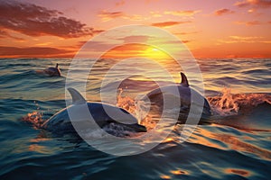 A dolphin jumps out of the water at sunset