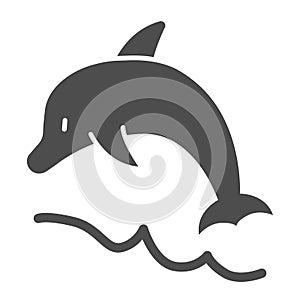 Dolphin jumps over wave solid icon, summer concept, Jumping dolphin sign on white background, Aquatic mammal icon in