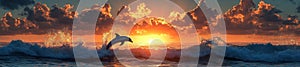 Dolphin leaping above ocean waves at sunset with dramatic clouds