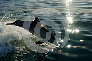 dolphin leaping, sun reflecting off ocean