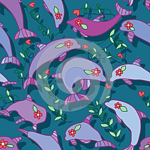 Dolphin line flower seamless pattern