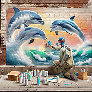 Dolphin Mural Graffiti Artist Painting Ocean Scene Brick Wall Vintage City Building AI Generated