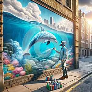 Dolphin Mural Graffiti Artist Painting Ocean Scene Brick Wall Vintage City Building AI Generated