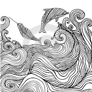 Dolphin and narwhal and ocean waves coloring page for children a