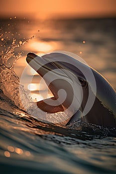 Dolphin in Ocean Water on Sunrise, Golden Hour