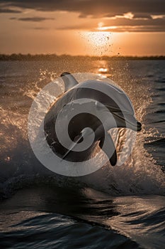 Dolphin in Ocean Water on Sunrise, Golden Hour