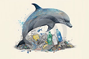 Dolphin over the garbage. Ocean plastic pollution concept. Generative AI