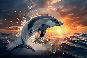 Dolphin playing in the waves of the raging ocean at sunset. World Dolphin Day