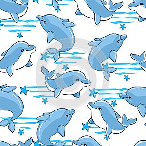 Dolphin print seamless texture for textile, fabric, swimsuit. Marine theme, ocean. Summer graphic design pattern with cute fishes