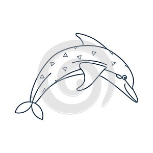 Dolphin, sea animal. An inhabitant of the sea world, a cute underwater creature. Line art