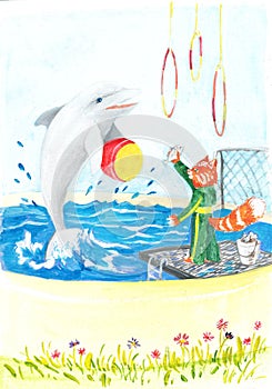 Dolphin sea animal. Watercolor illustration of a Dolphin and a cat playing. Beautiful picture for children`s room.