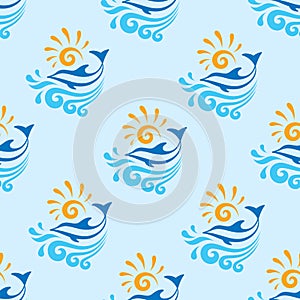 Dolphin with sea, waves & sun - vector background - seamless pattern.