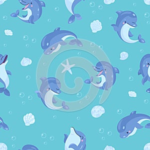 Dolphin seamless pattern. Cartoon funny dolphins, underwater funny animals and seashells. Template for wrapping or