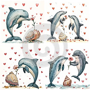 Dolphin and shell in love surrounded by hearts. Adorable watercolor nursery illustration for Valentine\'s Day greeting card