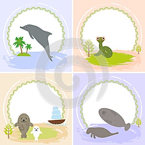 Dolphin, snake, manatees, seals, set of cards design