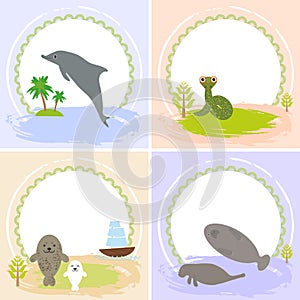 Dolphin, snake, manatees, seals, set of cards design photo