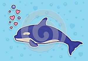 Dolphin sticker on blue background with bubbles and hearts. Ocean fish. Underwater marine wild life. Vector illustration