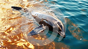 Dolphin suffering from water pollution by oil. Mammals come into contact with oil slicks while swimming or breathing near the photo