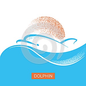 Dolphin and sun logo poster on blue sea wave background.Vector