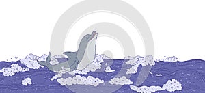 Dolphin swim and jumping in sea waves. Seascape with playful aquatic animal. Doodle line vector Illustration banner.