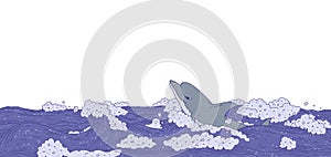 Dolphin swim and jumping in sea waves. Seascape with playful aquatic animal. Doodle line vector Illustration banner.