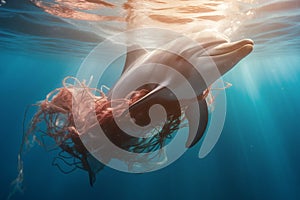 Dolphin swimming with plastic waste underwater