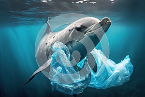 Dolphin swimming under the sea full of garbage and plastic bags. Environmental protection concept