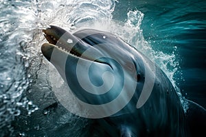 Dolphin swimming underwater in blue ocean. amazing wildlife. generative Ai
