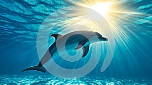 Dolphin swimming underwater surrounded by sunlight beams photo