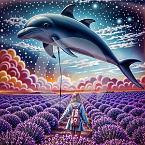 dolphin swims in the night starry sky through space over a lavender field and a girl running through flowers holding a kite