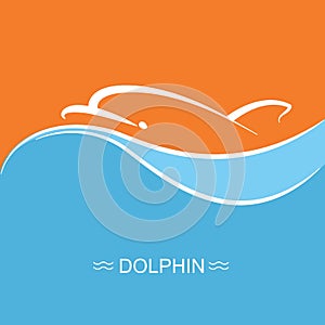 Dolphin symbol on blue sea wave background.