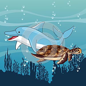 Dolphin and turtle swimming together