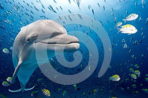 Dolphin underwater on blue ocean background