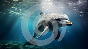 Dolphin underwater on blue ocean background photo