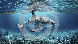 dolphin underwater on blue ocean background looking at you. ai generative