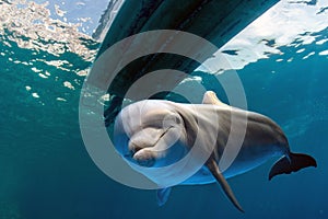 Dolphin underwater under a boat
