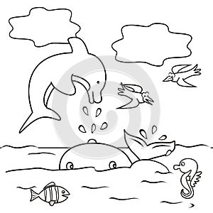 Dolphin, whale, birds, seahorses, and fish in the sea. Coloring page for kids. Vector illustration.